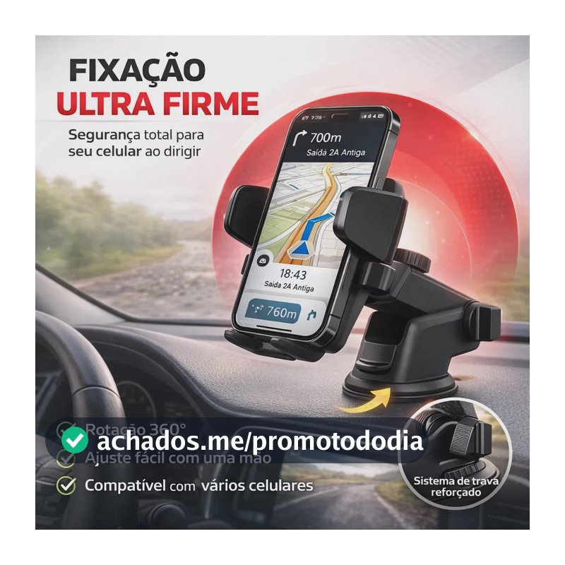 Suporte de Celular Veicular Automotivo 360º Universal Ajustável com Ventosa Gruda no Painel Vidro Parabrisa para GPS Encaixe Giratório Articulado com Trava Automática Anti Queda para Carro Caminhão