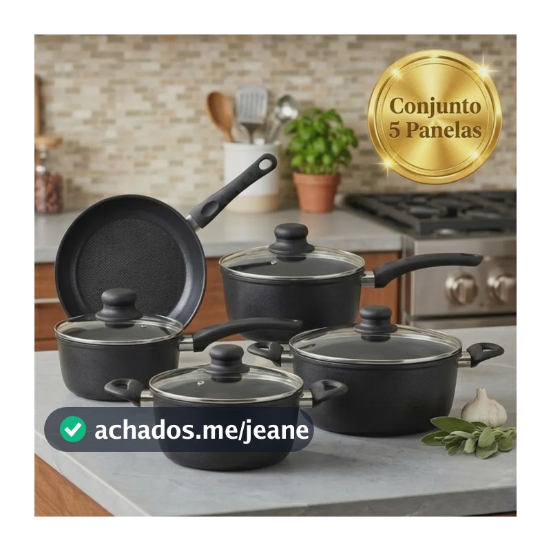 Jogo de Panelas Antiaderente 5 Peças Indução Revestimento Cerâmico Cozinha Frigideira Preta Pítia