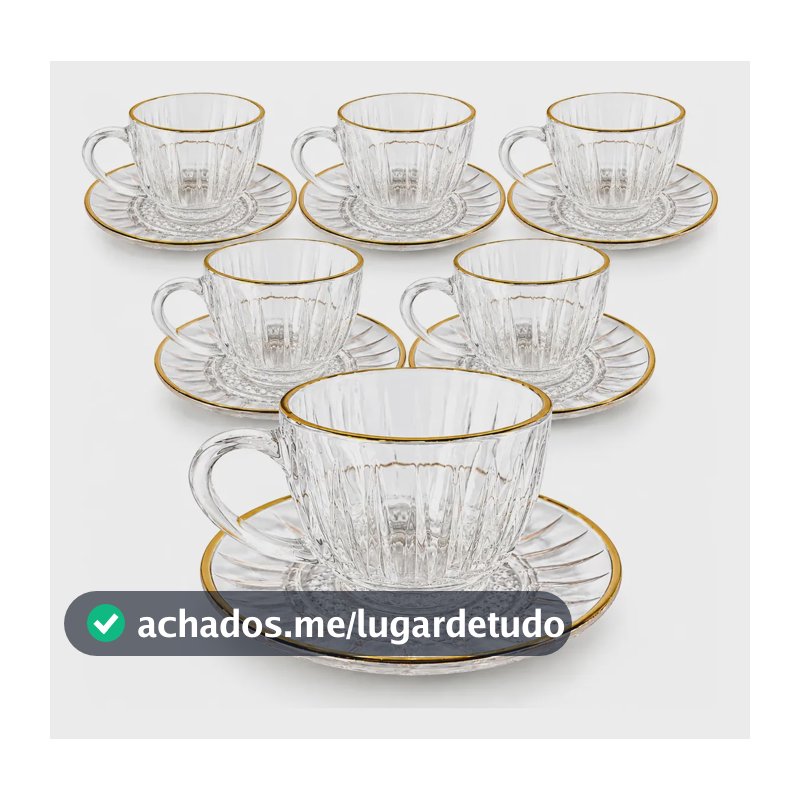 Jogo 8 Peças C 4 Xícaras Chá 200ml Pires Vidro Borda Dourada Transparente Transparente Com Dourado Borda Fio Dourado