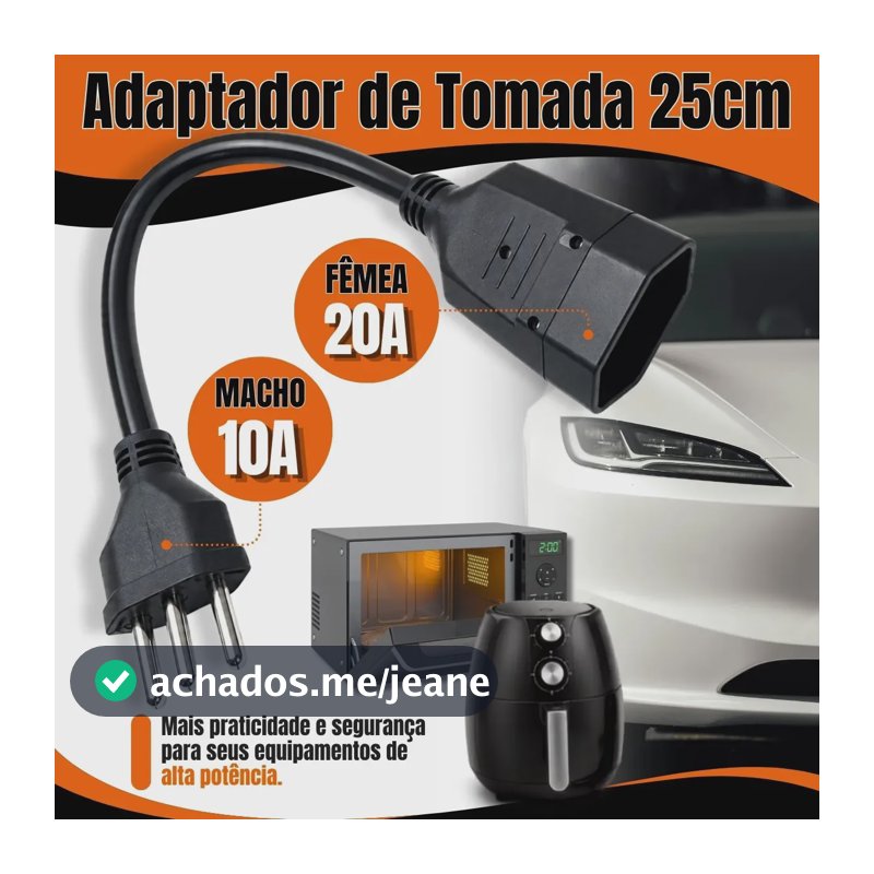 Adaptador Tomada 20A Para 10A Reforçado Bivolt Carregador Carro Elétrico Ar Condicionado Air Fry Micro-ondas