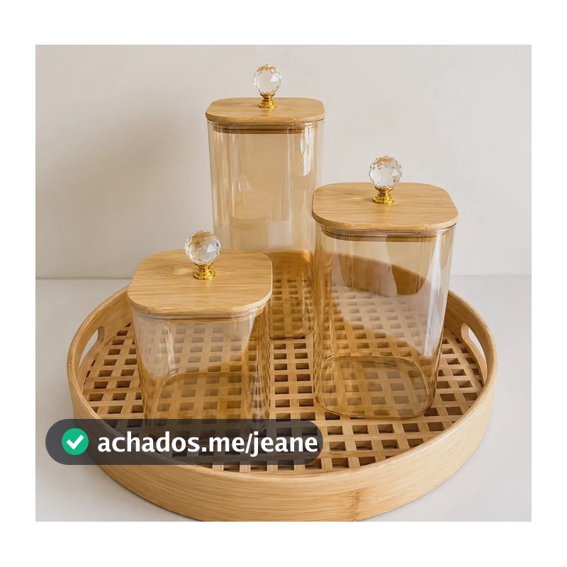 Kit Potes Quadrado Vidro Hermético Tampa Bambu Organização Kit De 3 Quadrados Âmbar Cristal Pmg