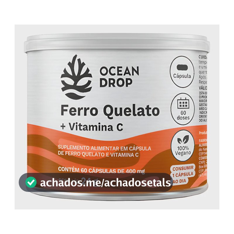 Ferro Quelato + Vitamina C Ocean Drop Bisglicinato Ferroso Ferro Quelato 60 Capsulas