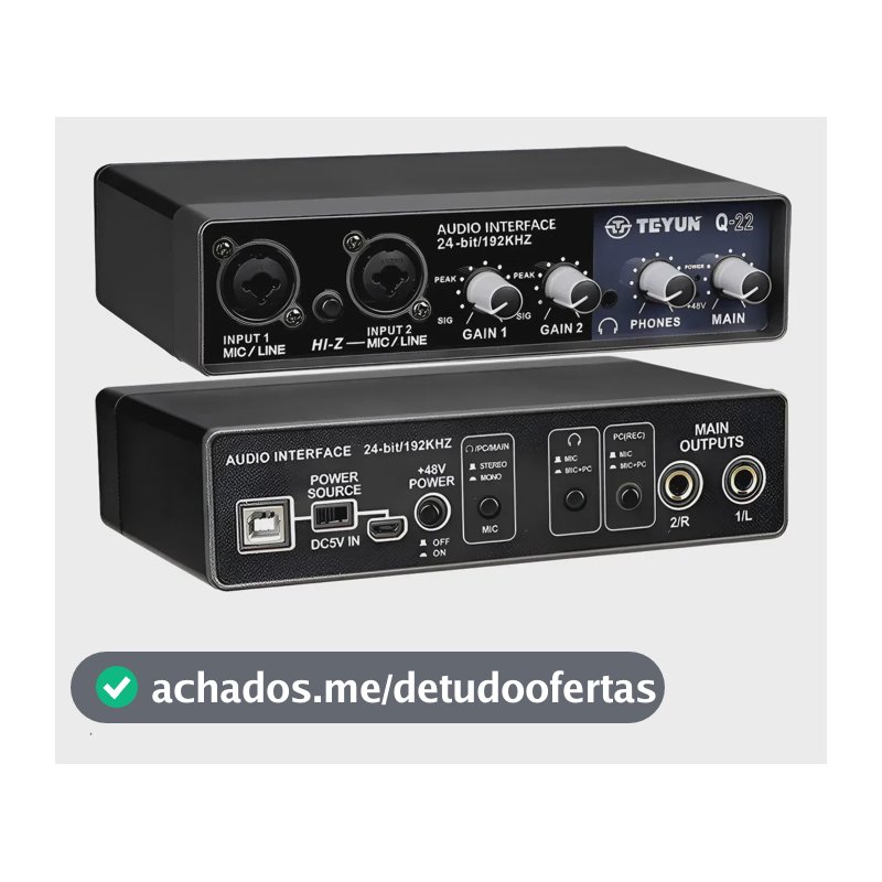 Interface de Áudio Teyun Q-22 com 2 Entradas para Gravação em Estúdio e Live