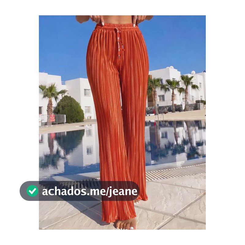Calça Feminina Solta Plissada Cintura Alta Casual Verão  Laranja P