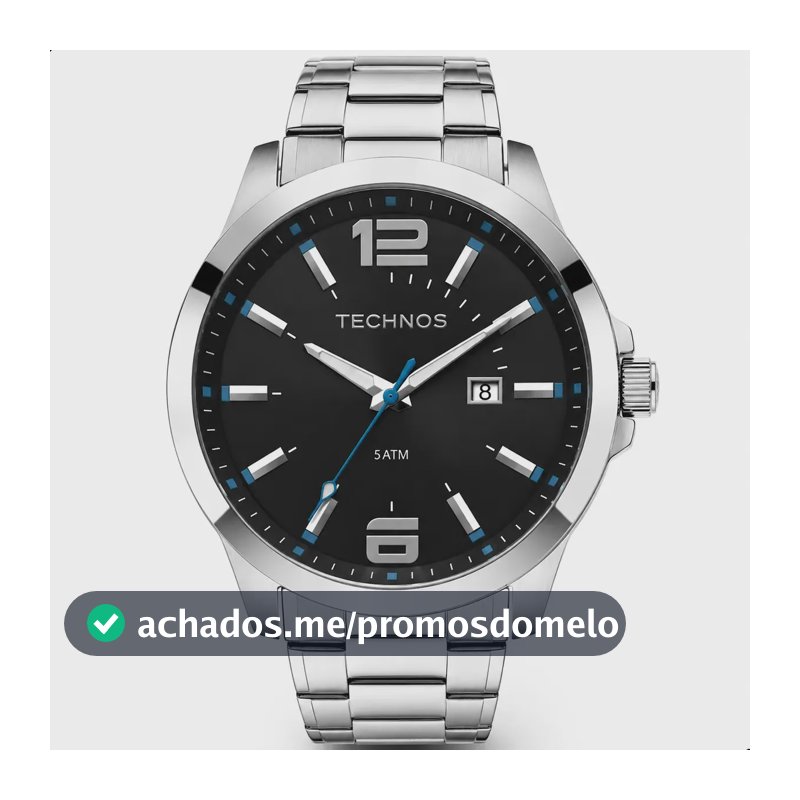 Relógio Technos Masculino 2115GU/1A 45 Milímetros Aço Inoxidável com Fundo Preto e Azul Prova D´Agua 50m