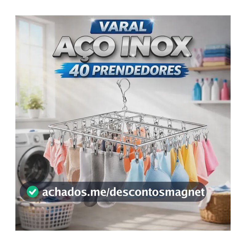 Varal Suspenso Retangular de Aço Inoxidável Tche Amo com 40 Prendedores para Roupas Íntimas Roupas de Bebê Design Compacto e Moderno Não Enferruja