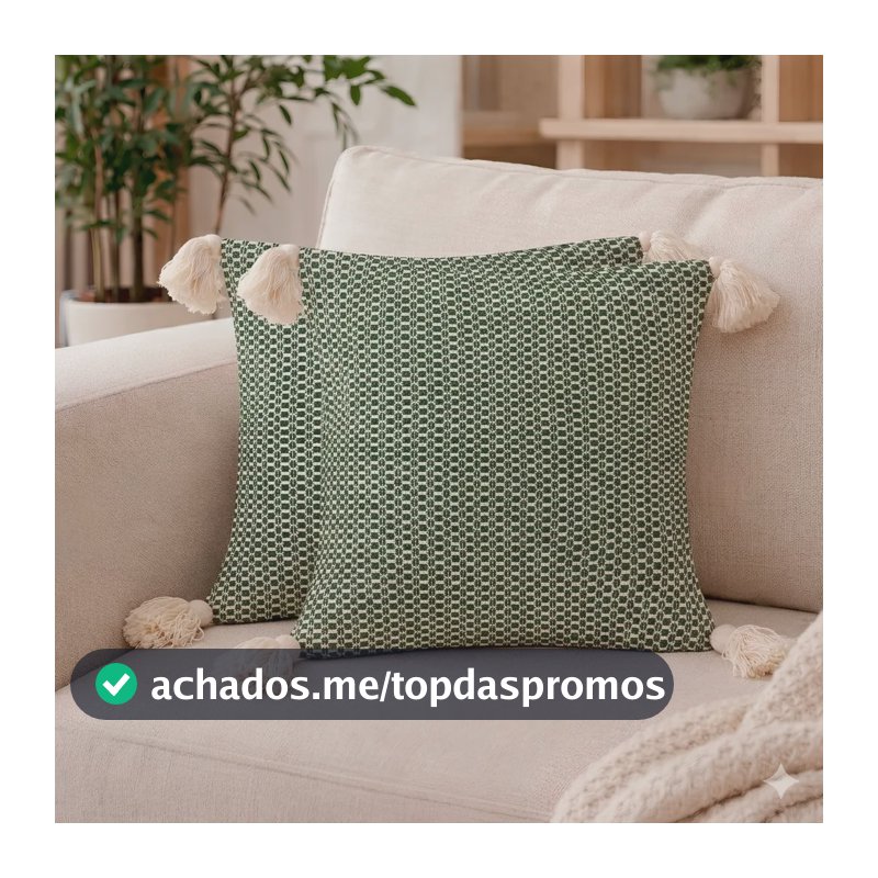 Kit 2 Capas De Almofada Bohochic 40x40cm Pompom Sofá Quarto Verde-musgo Liso