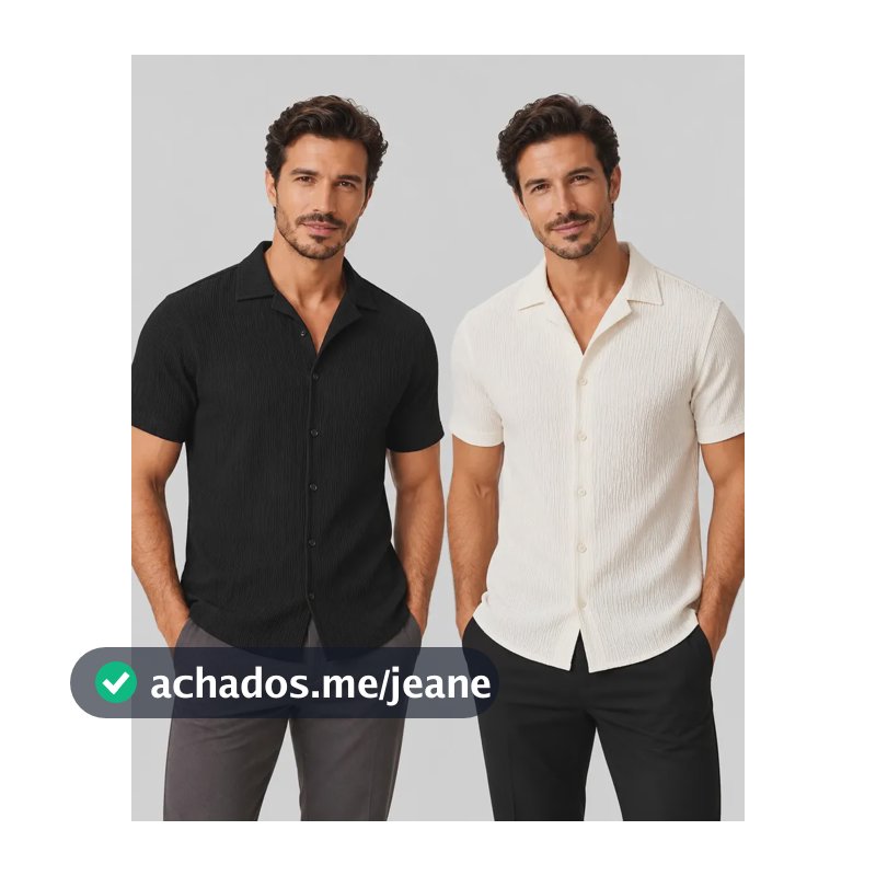 Kit 2 Camisas Masculinas Gola Cubana Texturizada Manga Curta Preto + Off White M