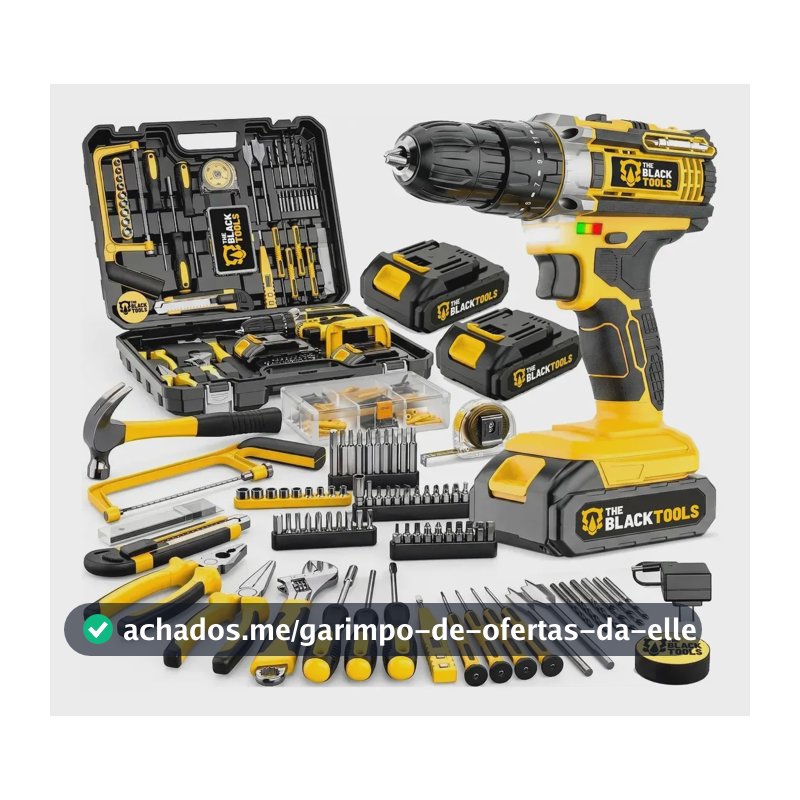 Parafusadeira Furadeira De Impacto The Black Tools Com Maleta + Kit Acessórios 147 Peças 2 Baterias Profissional Tbkit17