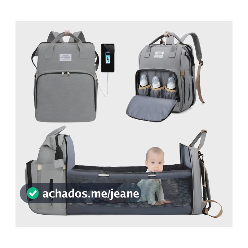 Bolsa Mochila Maternidade Vira Berço Troca Bebê Porta Frauda Cor Cinza Desenho do tecido Liso