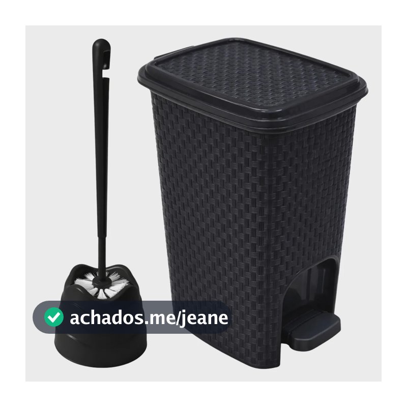 Kit Lixeira Rattan 7 Litros com Pedal e Escova Sanitária Preta para Banheiro