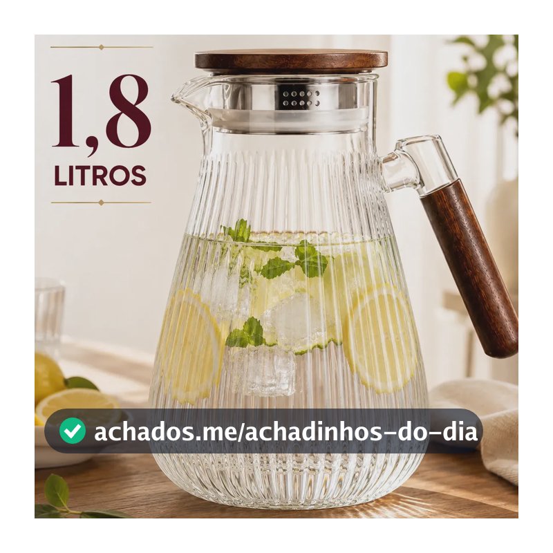 Jarra Vidro Borossilicato 1,8 Litros Tampa Inox Hermética Agua Suco Transparente Cabo Nordico Madeira