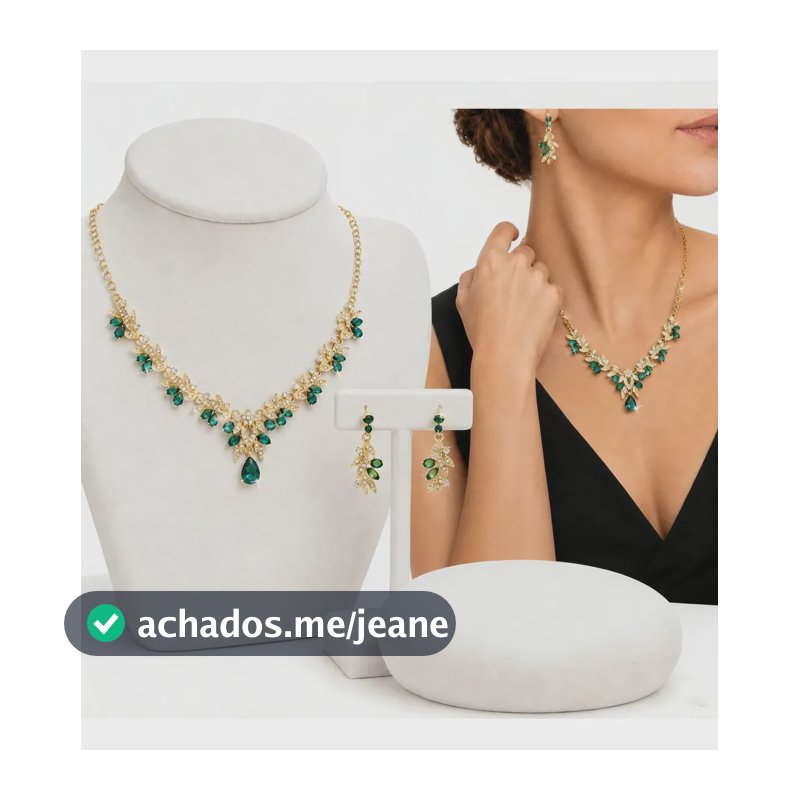 Conjunto Colar E Brincos Femininos Com Cristais  Acessórios Verde