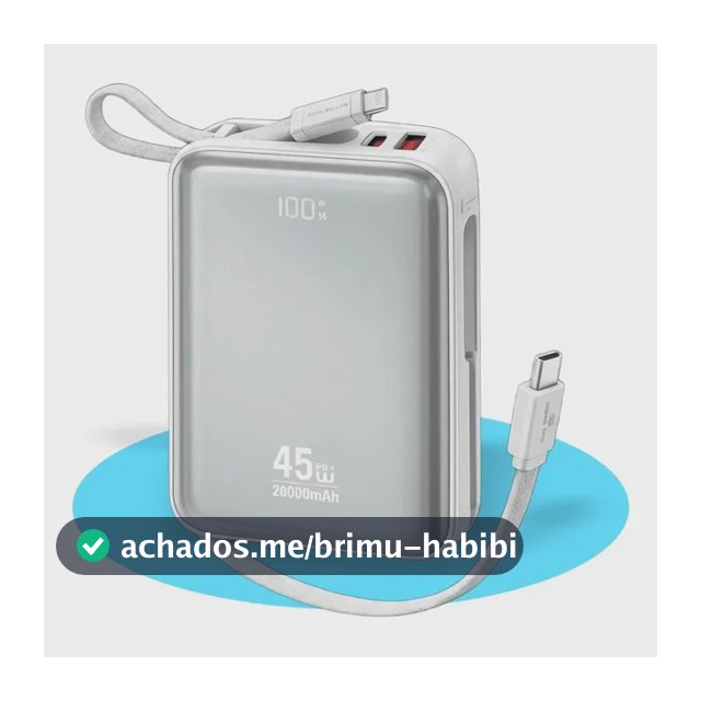 Power Bank Portátil Turbo 45W 20000mAh com Cabo para iPhone e Samsung