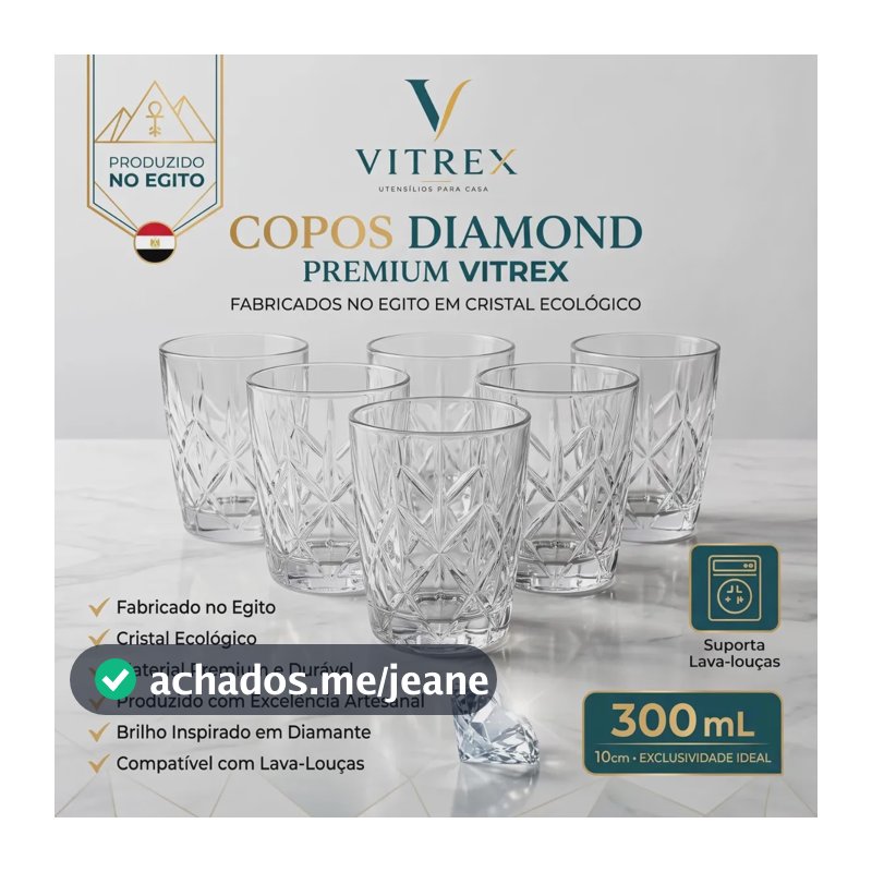 Jogo 6 Copos Diamond Egipcio 300ml Vidro Grosso Diamante Luxo Transparente Vitrex