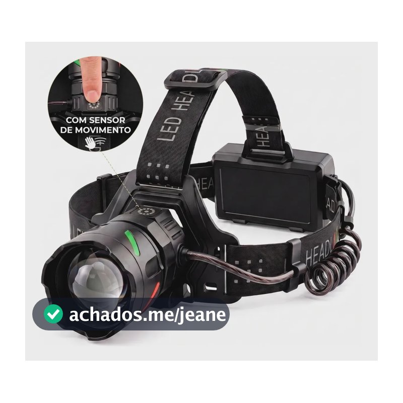 Lanterna de Cabeca Potente Recarregável IP65 À prova d'água Poeira Zoom Telescópico 7 Modos Iluminação Sensor Inteligente Uniled