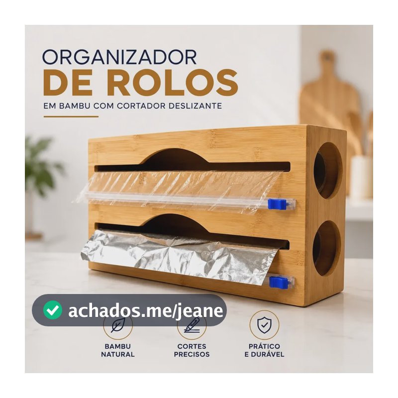 Organizador Porta Rolo Bambu Alumínio Filme Madeira Cozinha Bambu