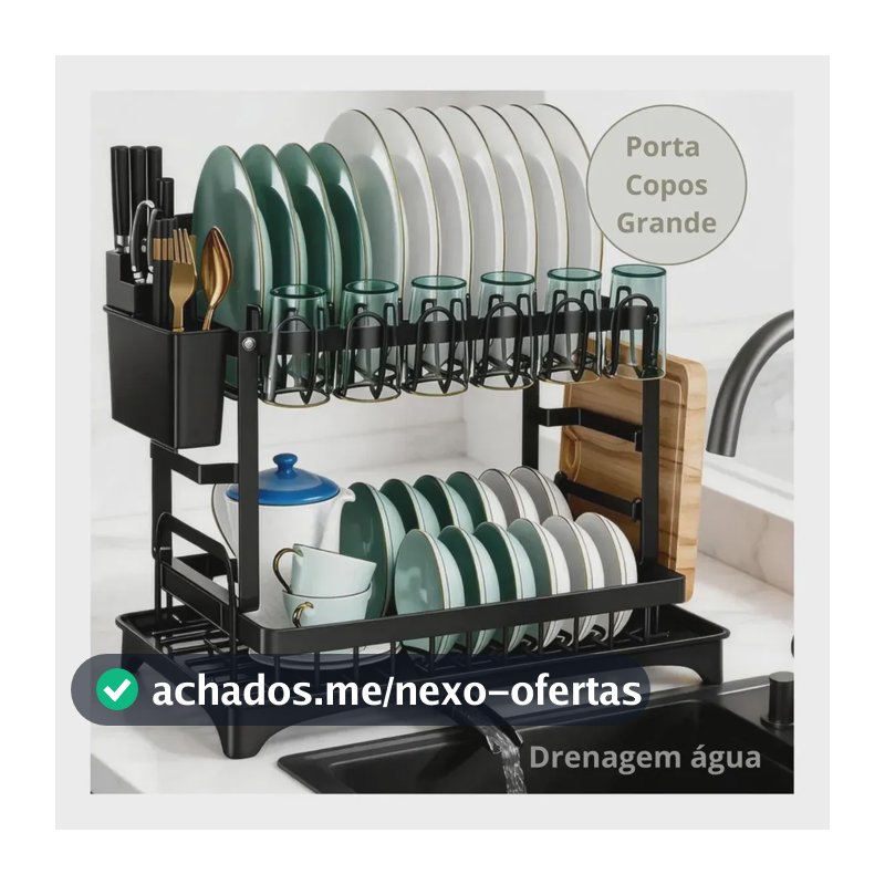 Escorredor de Louças 2 Andares NEXMIDIOCASA Aço Carbono Preto para Pratos Copos Talheres Organizador Pia Cozinha