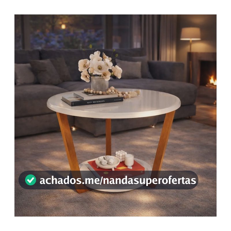 Mesa De Centro Redonda Tampo Mdf Sala Pés Em Madeira Lateral Canto Pandora Plus Off White