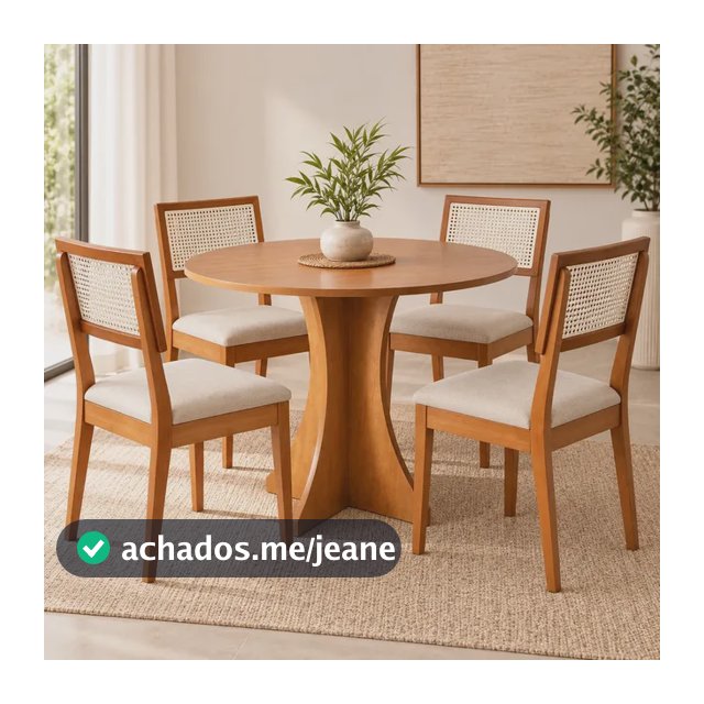 Jogo De Jantar Redonda Com 4 Cadeiras Estofadas Madeira 80cm Nature Bege-linho