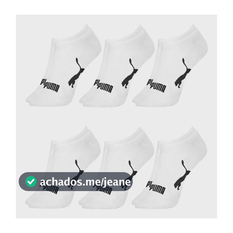 6 Pares Meia Puma Soquete Algodão Cano Baixo Original 6 Brancas Logo 34-39