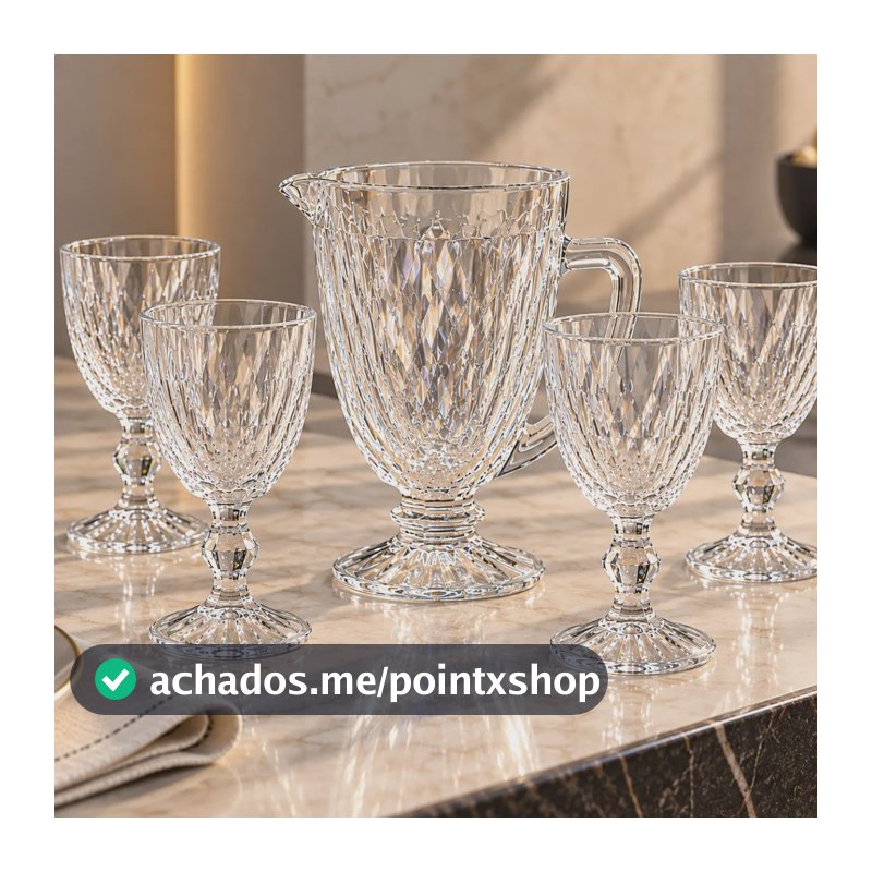 Jogo Taças Jarra Luxo Diamond Incolor 5 Peças Vinho Drinks Transparente