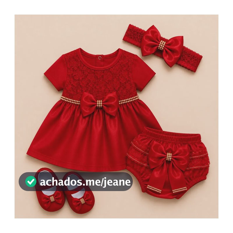 Kit 4 Peças Vestido Calcinha Laço Sapato Bebê Menina 0 Á 6 M Vermelho 3 Á 6