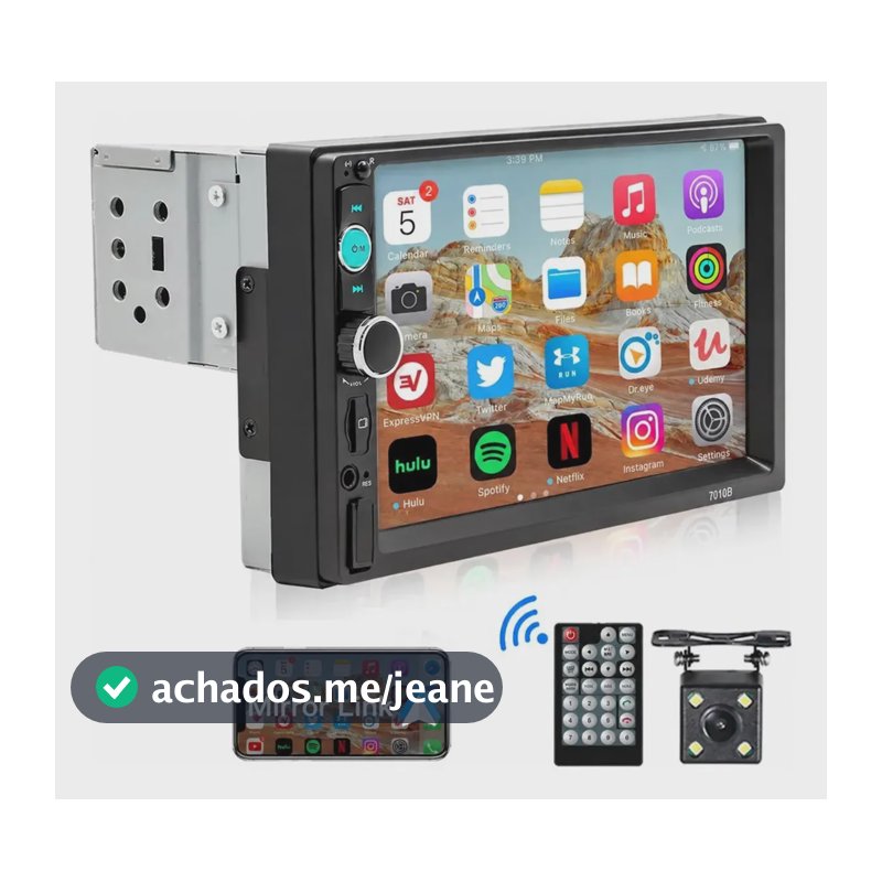 Central Multimídia Mp5 Universal Tela 7 P Touch 1 Din com Mirror Link + Câmera de Ré HD Espelhamento Bluetooth