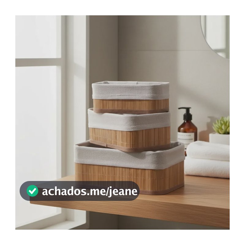 Kit 3 Cestos Bambu Forro Lavável Retangular Armazenar Objeto Palha Organizadores Retangulares Multiuso Casa Ecológico Decoração Banheiro Cozinha