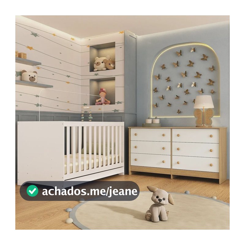 Berço Americano 3 em 1 para Colchão 130x70cm com Cômoda Caramelo Multimóveis MP4677 Branco/Madeirado