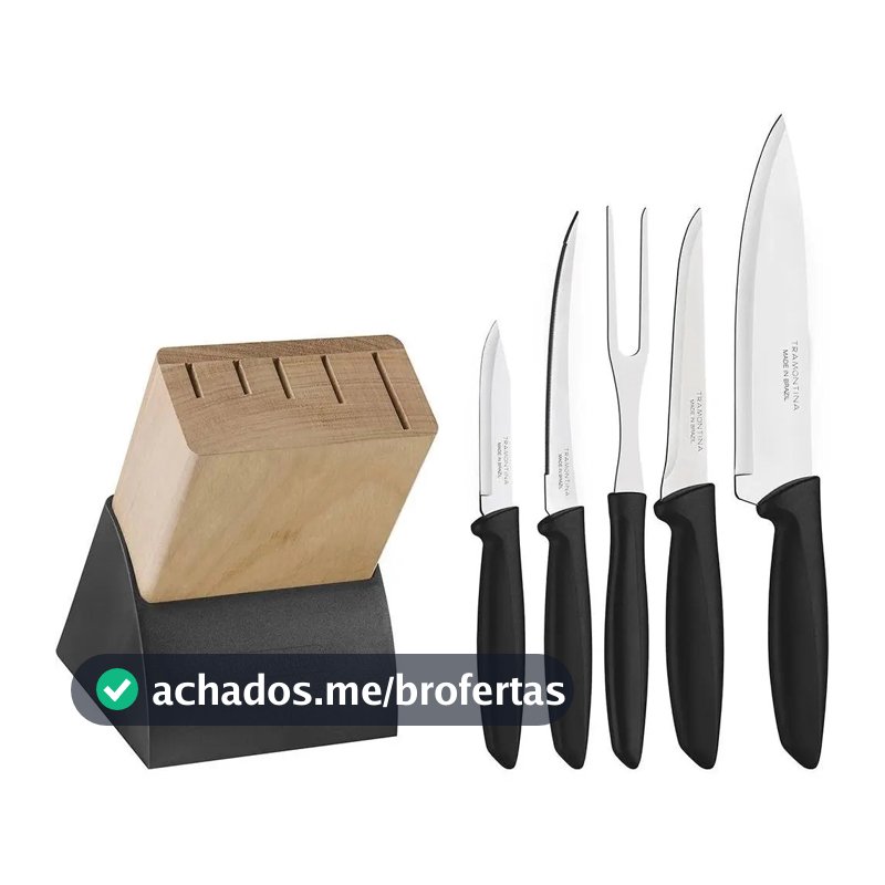 Jogo De Facas Inox Plenus Com Suporte De Madeira Tramontina Cor Preto