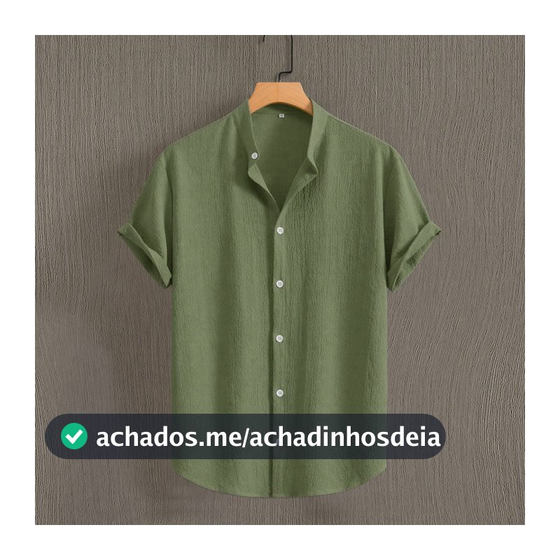 Camisa Social Slim Gola Padre Linho Masculina Manga Curta Verde Militar M