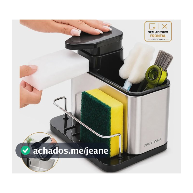 Dispenser De Detergente Para Pia De Cozinha Com Porta Esponja Bucha Em Aço Inox E Dosador De Detergente Para Pia Com Porta Talheres Marca Open Zee Cor Prateado