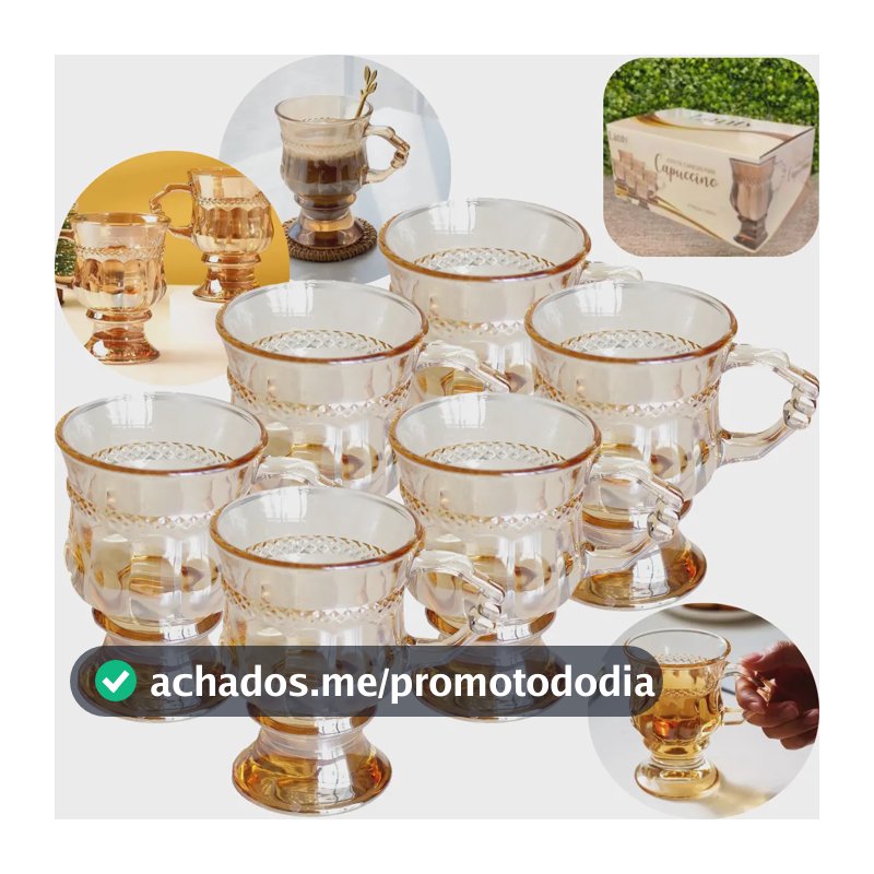 6 Xicaras Café Sem Pires 142 Ml Ambar Base E Alça Decorada Transparente