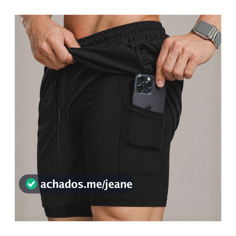 Bermuda Compressão Duplo Masculina 2 Em 1 Short Academia Preto Liso G