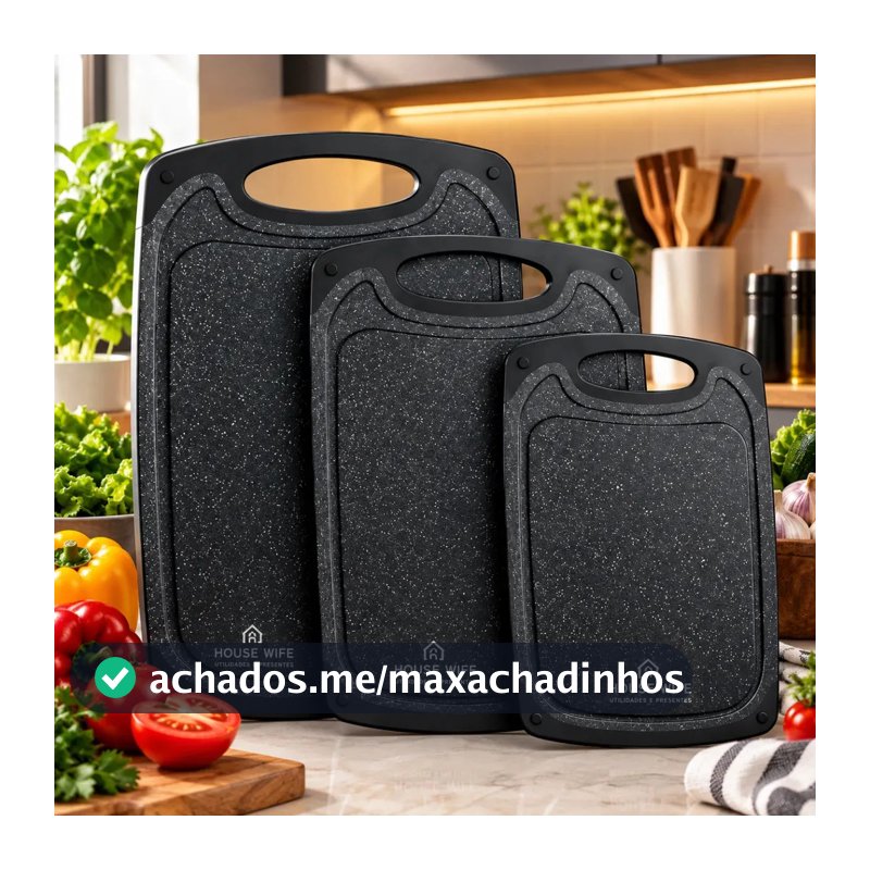 Kit com 3 Tábuas de Corte Retangulares de Polipropileno Antiderrapante Preto para Legumes e Churrasco