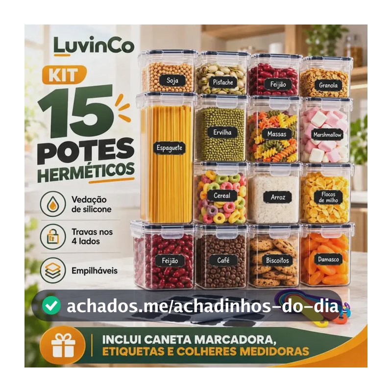 Kit 15 Potes Herméticos Mantimentos Quadrado Cozinha Tampa Trava Recipientes De Organização luvinco