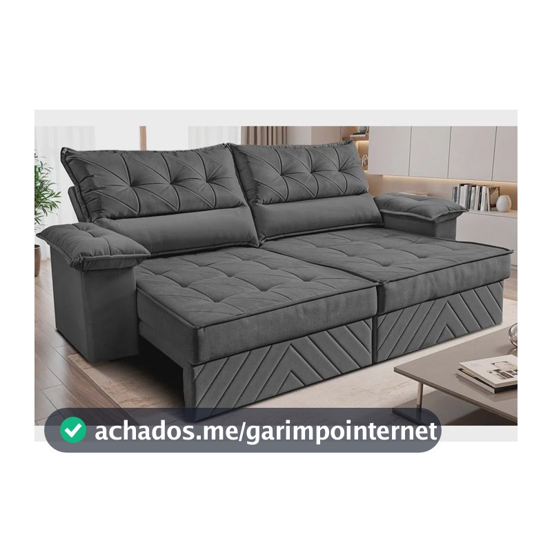Sofá Retrátil 2,10m Molas E Espuma D33 Thunder. Cama Inbox Cinza Liso