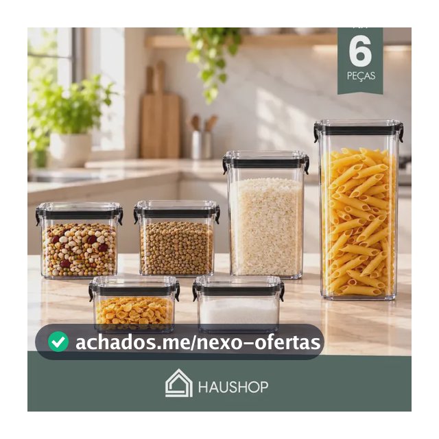 Kit 6 Potes Herméticos Quadrados Haushop para Armazenamento de Alimentos Organizador de Cozinha com Vedação e Corpo Transparente