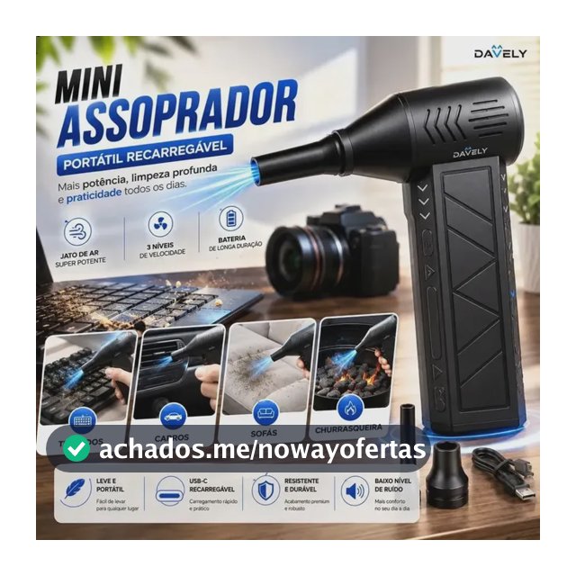 Mini Ventilador Soprador Ar Potente Turbo 130000rpm Assoprador Elétrico Sem Fio Recarregável USB-C 3 Níveis Jato Forte Portátil Multiuso Limpeza Teclado Carro Acende Churrasqueira Davely