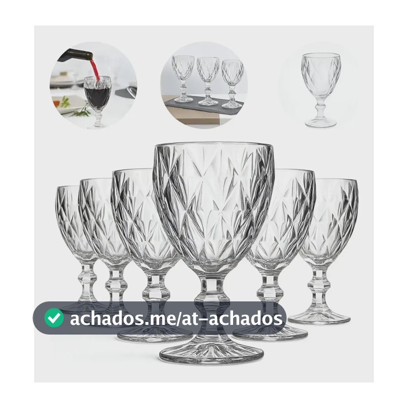 Kit 6un Taça Diamante Lapidada 340ml Para Vinho E Drink Transparente