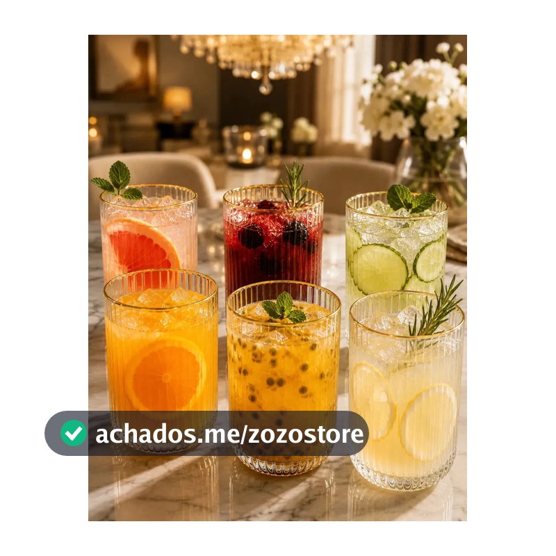 Jogo 6 Copos Vidro Canelado Borda Dourada Versalhes 420ml Copos para Água Suco Refrigerante Drinks Mesa Posta Elegante Resistente