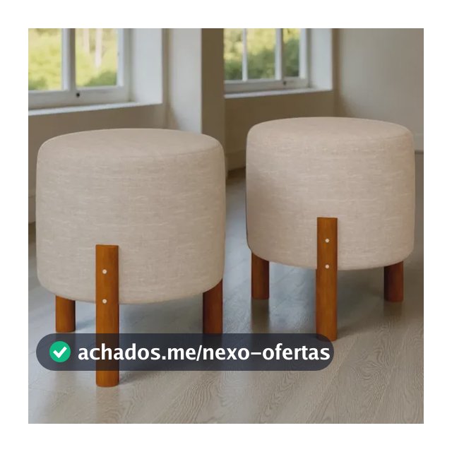 Puff Banqueta Redondo Decorativo Linho Pés Madeira Luxo Bege