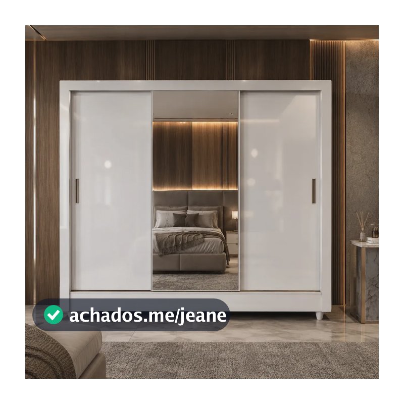 Guarda-Roupa Santos Andirá Roupeiro Casal França 3 portas de Correr Com Espelho e Pés Design Quarto Moderno Cor branco