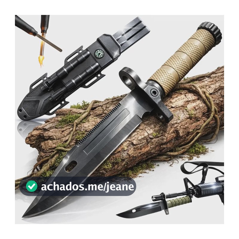 Faca Tática Sobrevivência Amolador Pederneira Apito Bainha Verde Militar Preto Outdoor Lâmina Serrilhada Trilha Pesca Caça Camping Aventura Corte Preciso Resistência Alta Durabilidade Uso Profissional