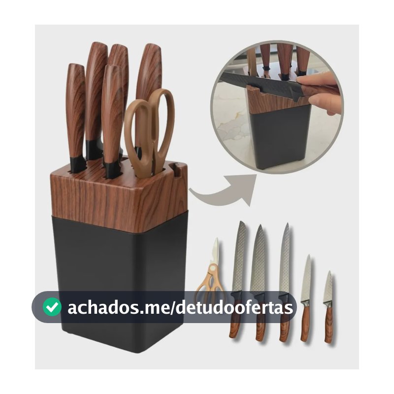 Jogo De Facas Com 7 Peças Em Aço Inox E Suporte De Madeira