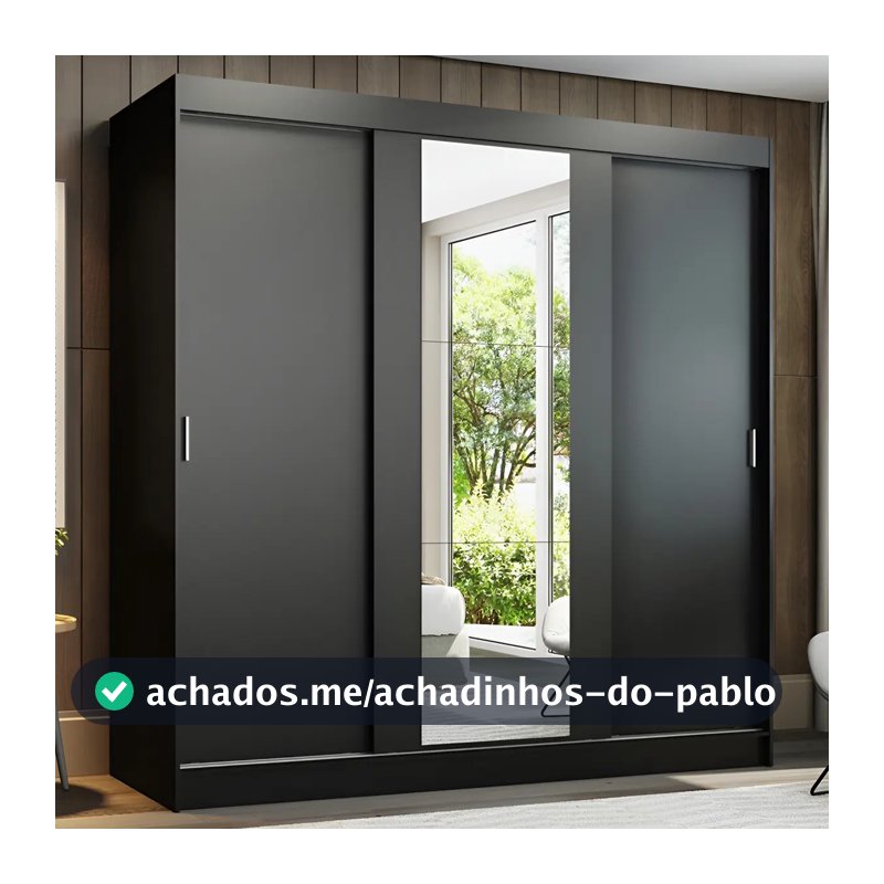Guarda-roupa Casal Armário Quarto Madesa Reno 3 Portas Correr Espelho Preto 1095H91E