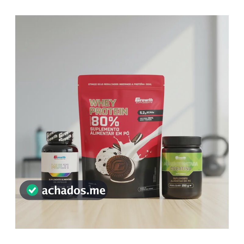 Kit Growth: Whey Protein Cookies And Cream 1kg + Multivitamínico 120 Cáps + Creatina 250g