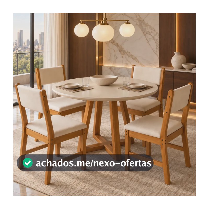 Sala de Jantar Mesa Redonda Valentina Off White Nature com 4 Cadeiras Lugano Freijó Marfim Estofadas Suede Sala Cozinha Moderna