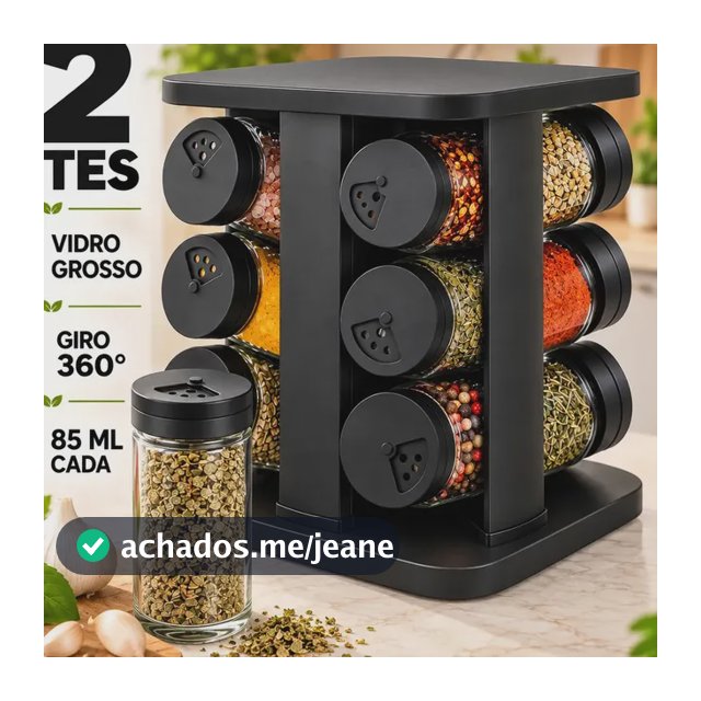 Porta Temperos Giratório 360° 12 Potes Vidro 85ml Tampa Inox Organizador Condimentos Cozinha Suporte Temperos Bancada Mesa Porta Condimento Premium